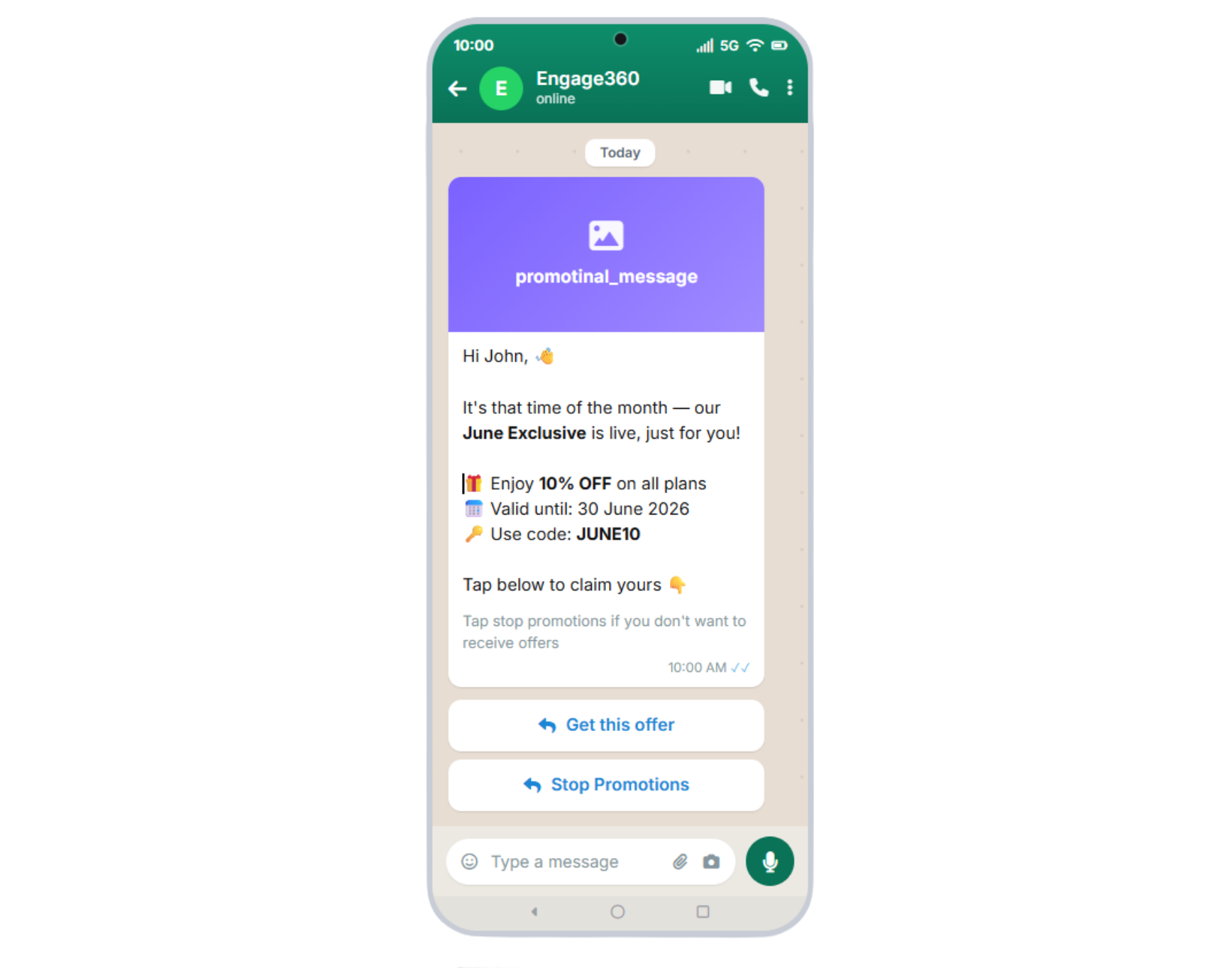 WhatsApp campaign message preview on a phone