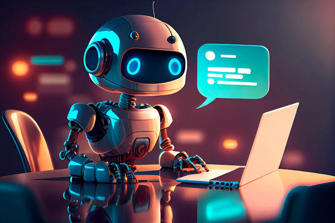 AI robot assistant working at a laptop